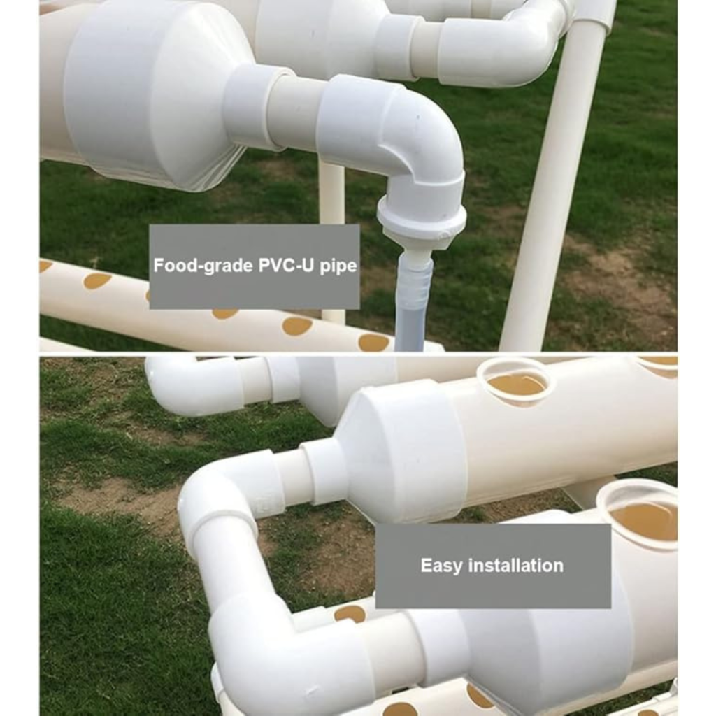 Close-up of 108 planter holes hydroponics system with durable PVC materials for easy installation.