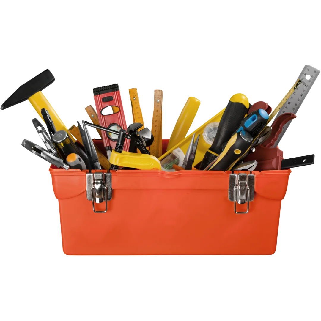 A toolbox containing tools used for setting up greenhouse shade nets and drip irrigation.