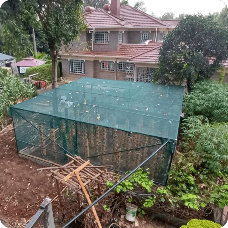 A shade net installation featuring tower hydroponics farming.