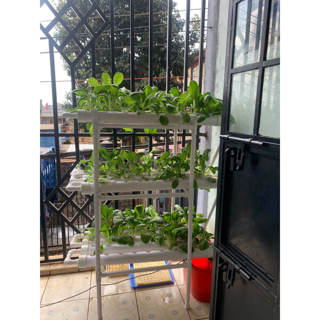 3-tower 108 planter holes hydroponics system set up on a balcony for efficient urban gardening.