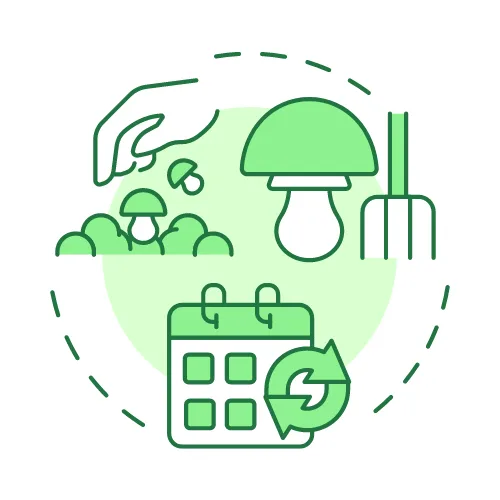 Farm Houses: Shade-net & Greenhouse Farming in Kenya 20 Circular icon featuring seedlings, a fork (njembe), a calendar, and a harvesting hand, symbolizing a complete hydroponic farming cycle.