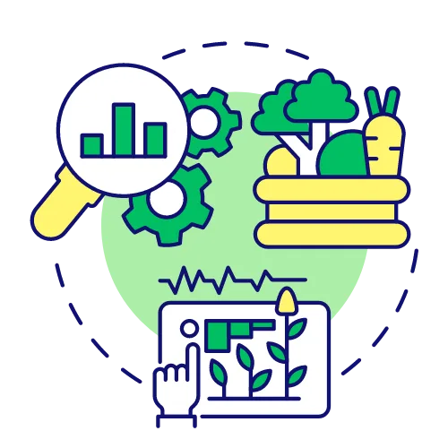 Farm Houses: Shade-net & Greenhouse Farming in Kenya 18 Icon featuring fresh produce, a chart indicator, a magnifying glass, and a settings gear, symbolizing Alpha Hydroponics Kenya’s advanced farming technology.