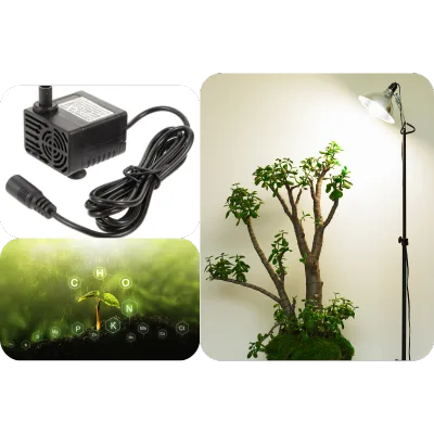 Water pump, grow lights, and plant nutrients used in hydroponic farming.